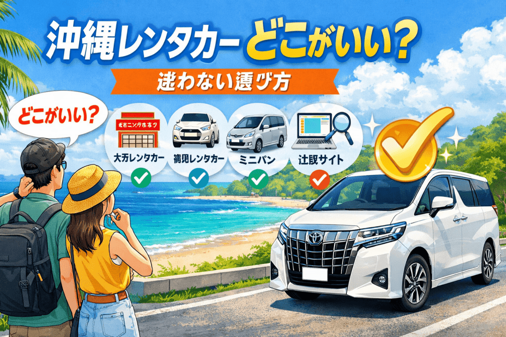 沖縄の海と青空を背景に、レンタカー選びに迷う旅行者と複数の選択肢を比較するイメージ、右側に白いレンタカーを配置した記事アイキャッチ画像