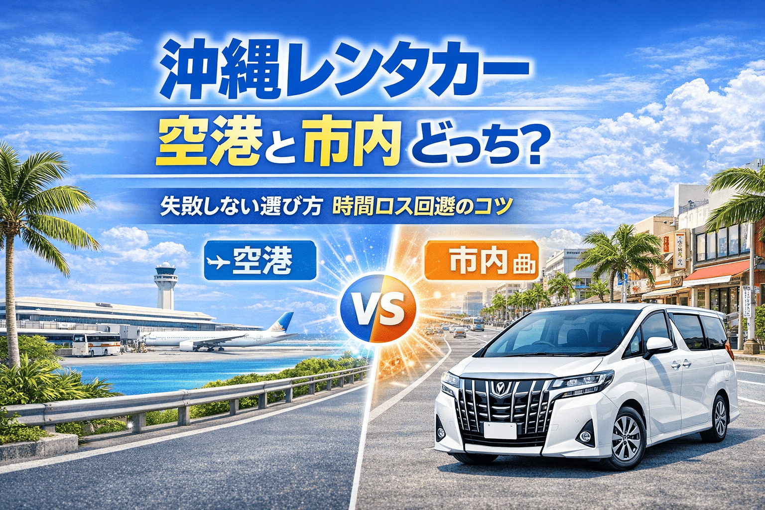 沖縄の海と青空を背景に、空港と市内のレンタカー利用を比較する構図と白い車両を配置した、どちらが良いか判断できる記事アイキャッチ画像