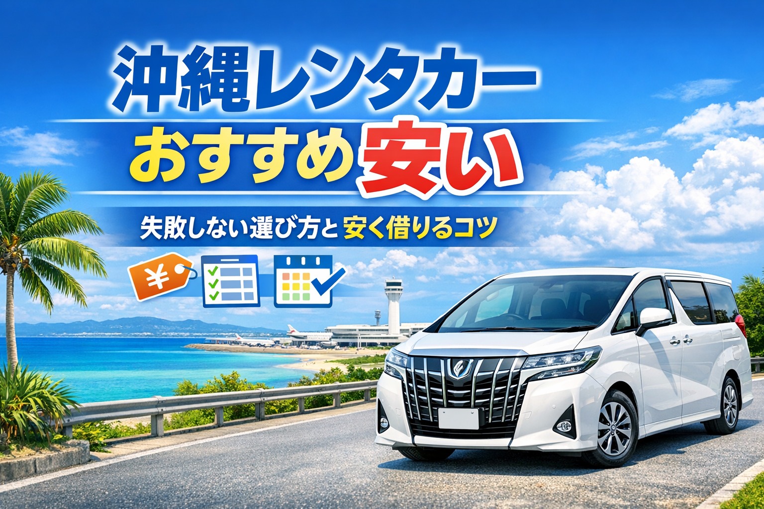 沖縄の海と青空を背景に、白いレンタカーと比較・予約アイコンを配置した「沖縄レンタカーおすすめ安い」の記事アイキャッチ画像