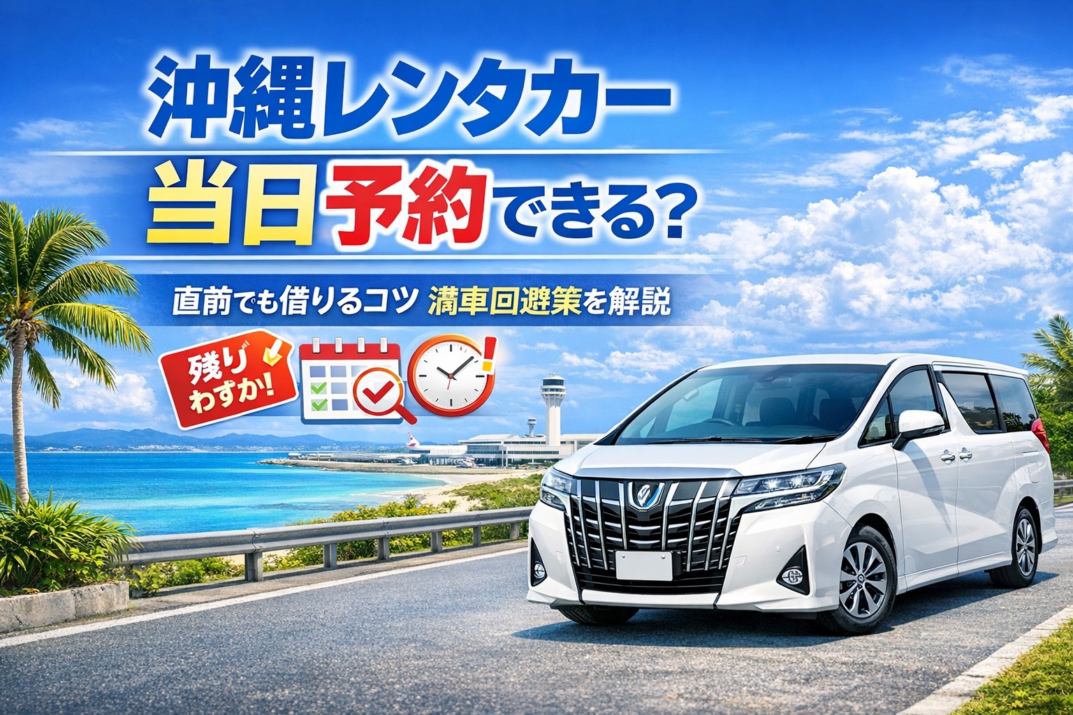 沖縄の海と青空を背景に白いレンタカーとカレンダー・時計アイコンを配置した、当日予約の可否と満車回避のコツを解説する記事アイキャッチ画像