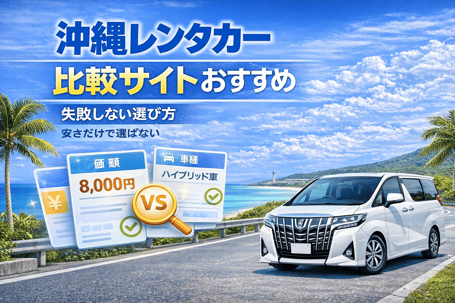 沖縄の青い海と空を背景に、白いレンタカーと価格や車種を比較するカードUIを配置した、レンタカー比較サイトを紹介する記事アイキャッチ画像